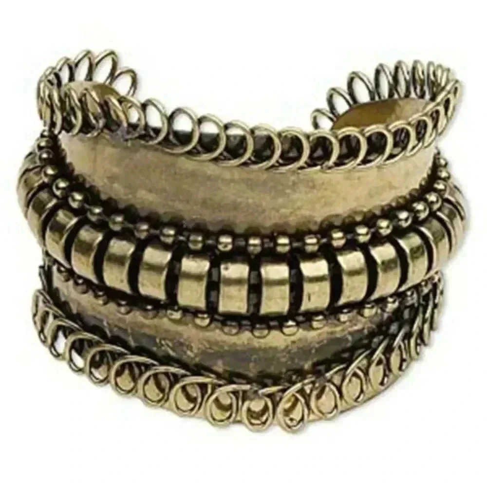 Funky Avant Garde Antiqued Brass Ball Chain and Wire 65mm Wide Cuff Bracelet